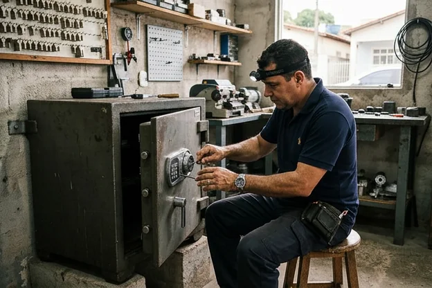 Chaveiro trabalhando na abertura de um cofre em Macaé.